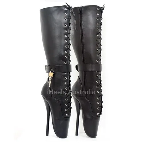 BALLET BOOTS KNEE HIGH BDSM STRAP LOCKING FETISH 18CM SPIKE HEEL ...